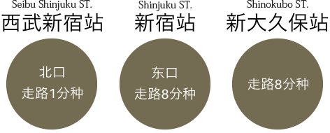 西武新宿駅 北口徒歩1分 新宿駅 東口徒歩8分 新大久保駅 徒歩8分