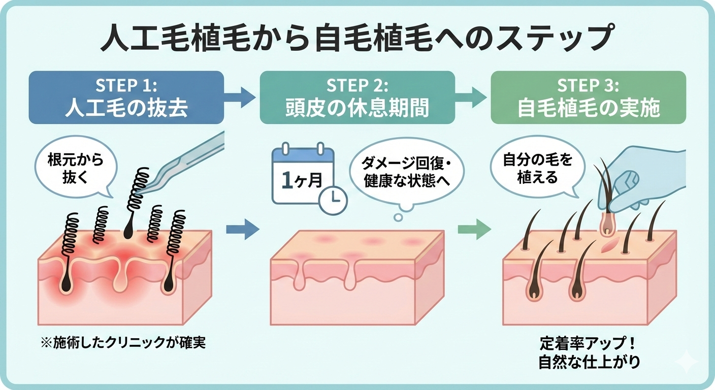 人工毛植毛から自毛植毛へのステップ