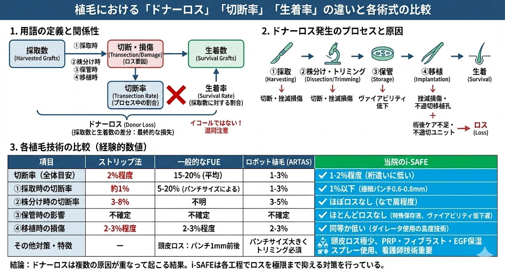 ドナーロス、切断率、生着率の違いと各術式の比較